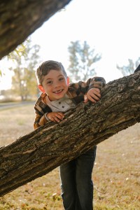 Boy smiling while climbing tree outdoors